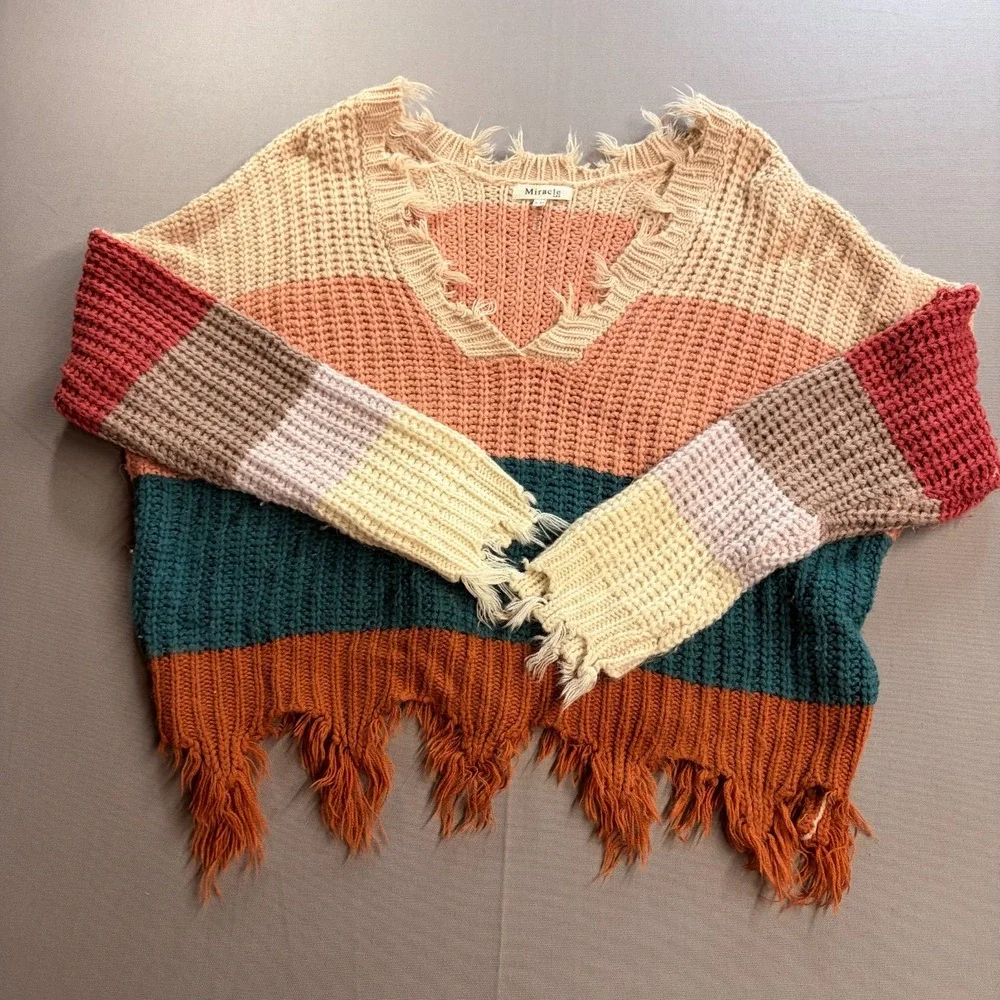 Miracle USA Womens Colorblock Distressed V-Neck Knit Sweater S/M Striped Boho